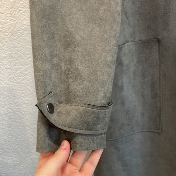 Catherine Malandrino Gray Faux Suede Leather Button Up Duster Jacket Size Medium - Picture 4 of 10
